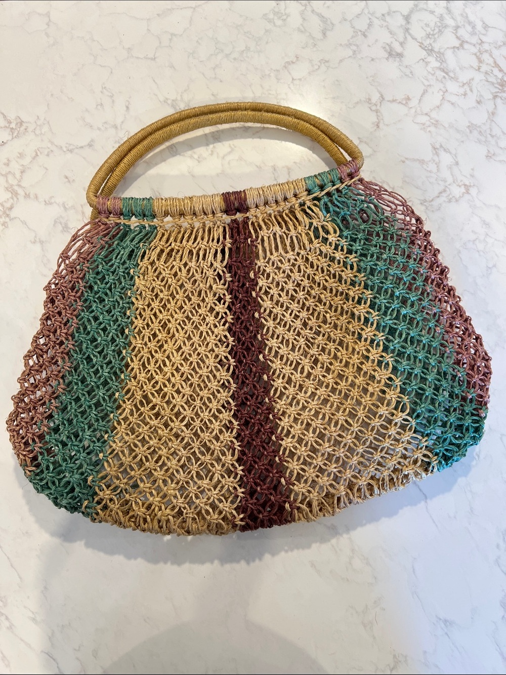 Small Handwoven Striped Tote, Purse. Natural Fibers- Tan, Teal & Mauve